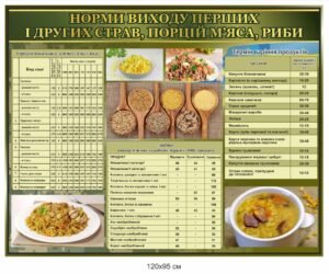 Стенд для військової їдальні “Норми виходу перших і других страв”