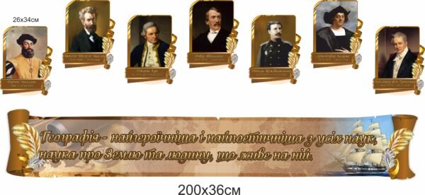 Портрети та стрічка над дошкою в кабінеті географії