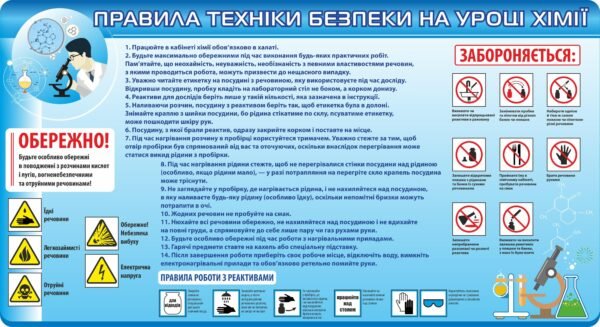 Пластиковий стенд “Правила безпеки на уроці хімхї”